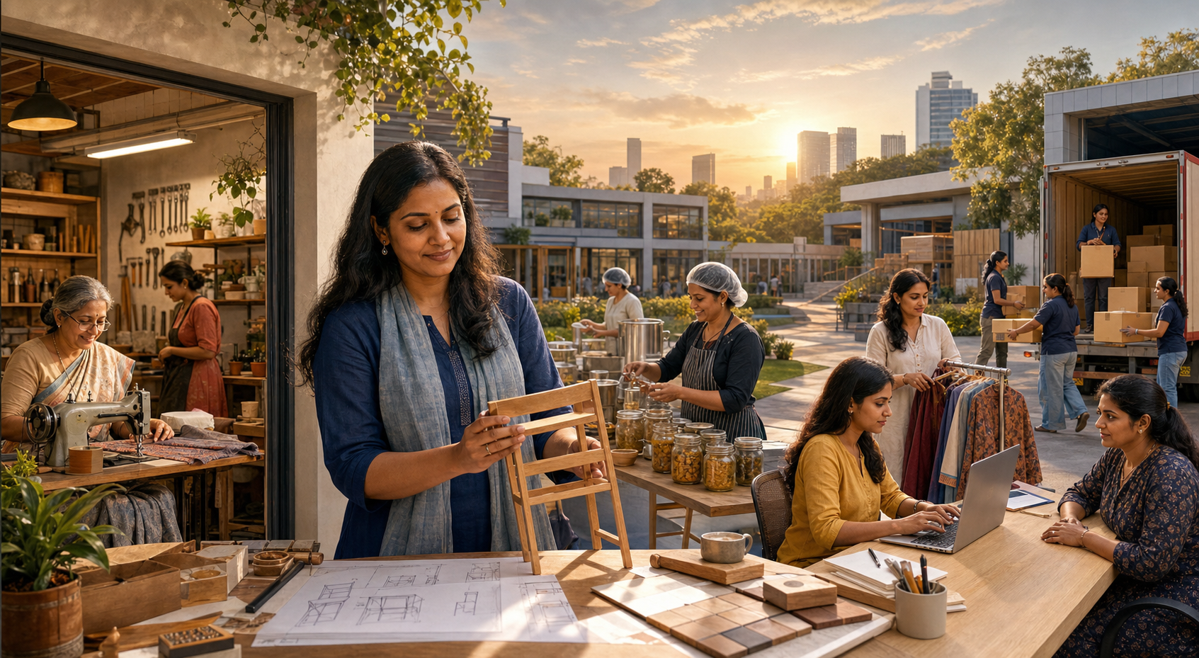 Indian women entrepreneurs and their employees working across connected manufacturing, technology, design and logistics businesses in a modern enterprise district.