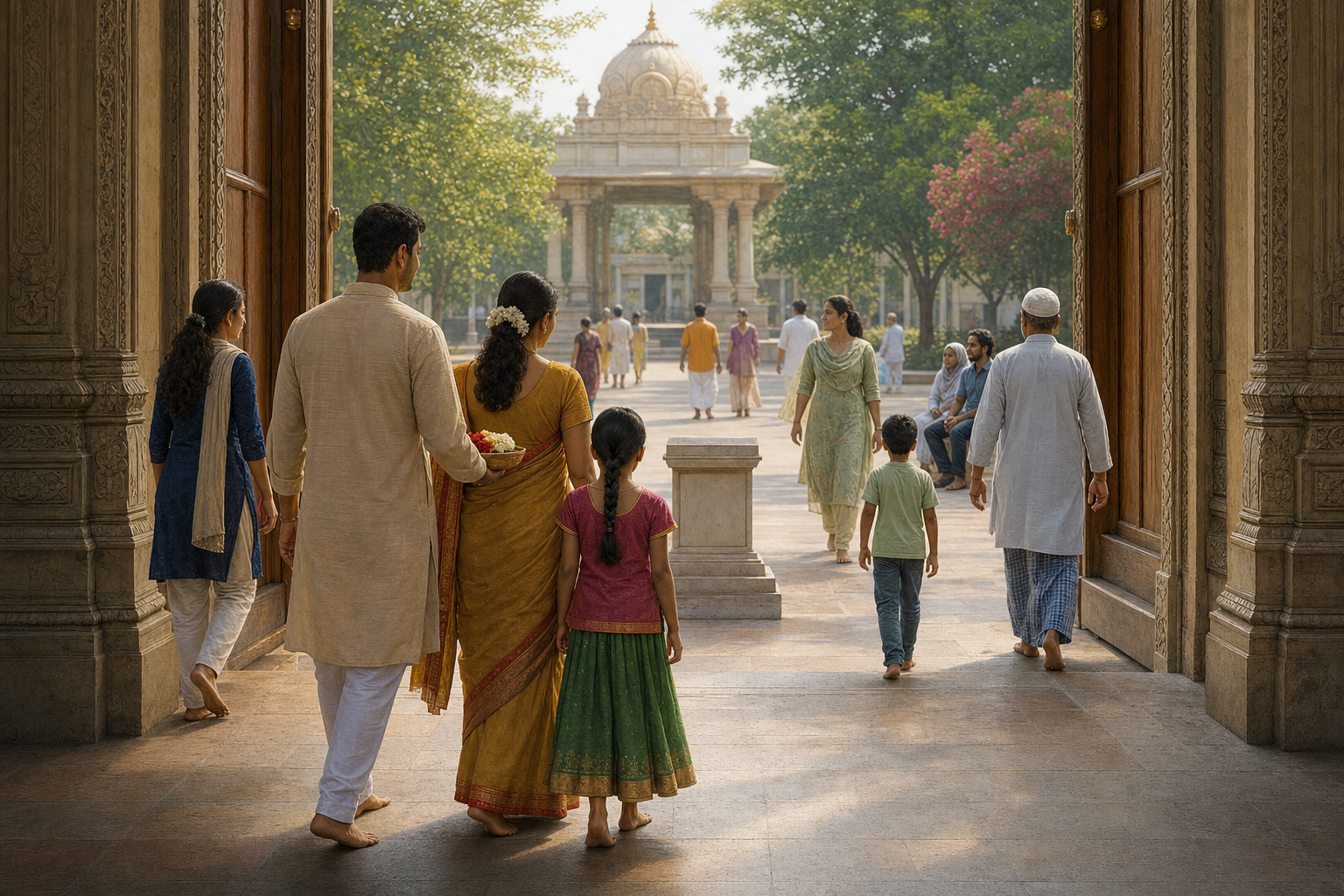 A Hindu family carrying flowers enters an open temple courtyard while other residents share the surrounding public space.