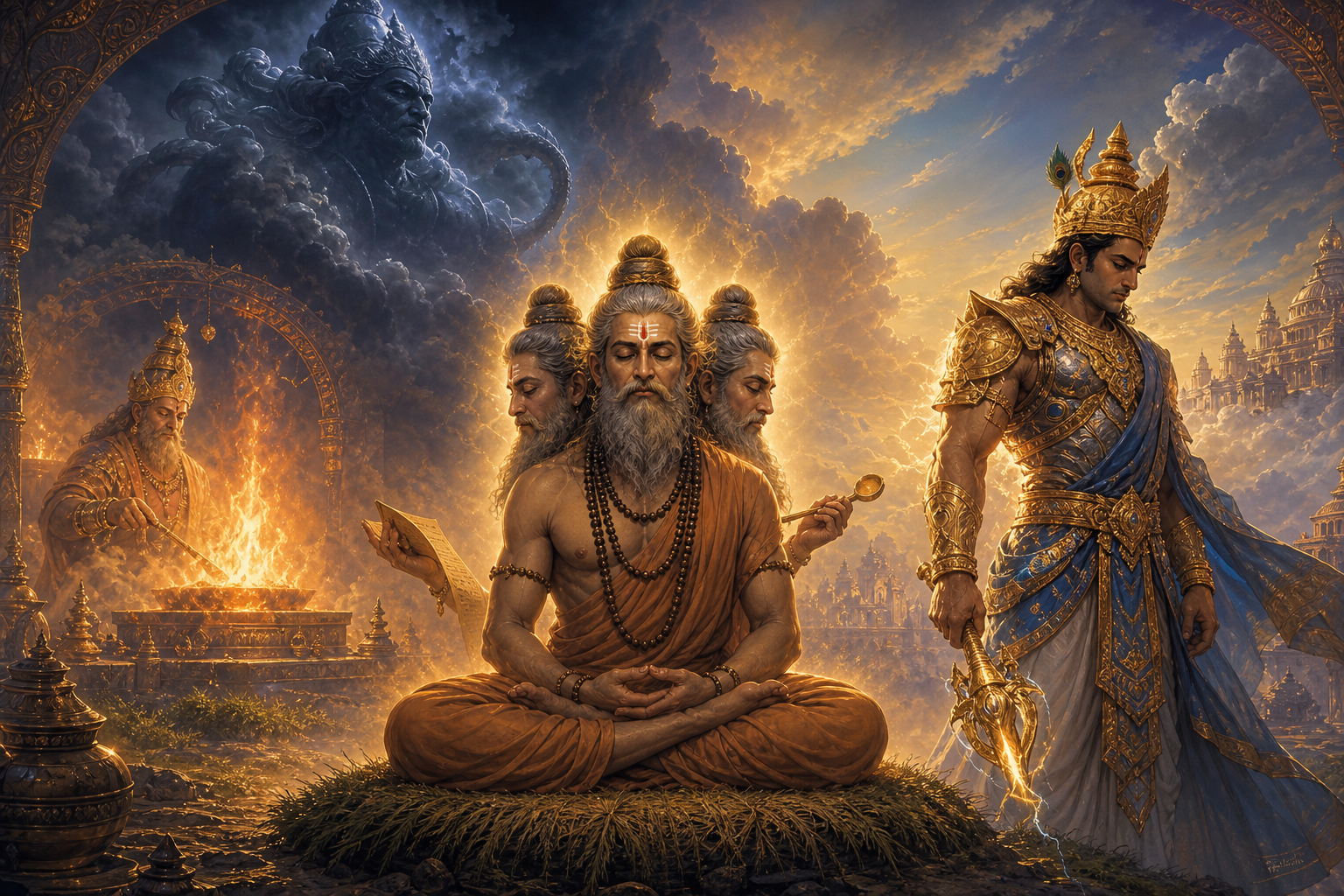 Mahabharata-inspired digital art of Trishira meditating beside Indra and a sacred fire