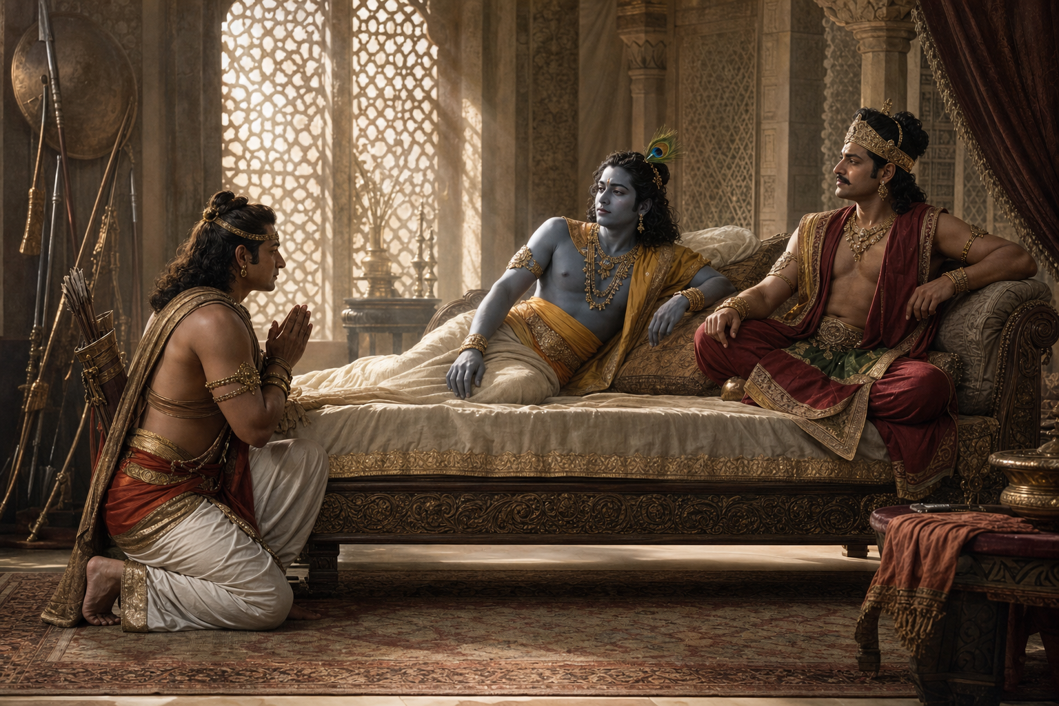 Krishna awakens in his chamber as Arjuna waits near his feet and Duryodhana sits near the head of the couch.