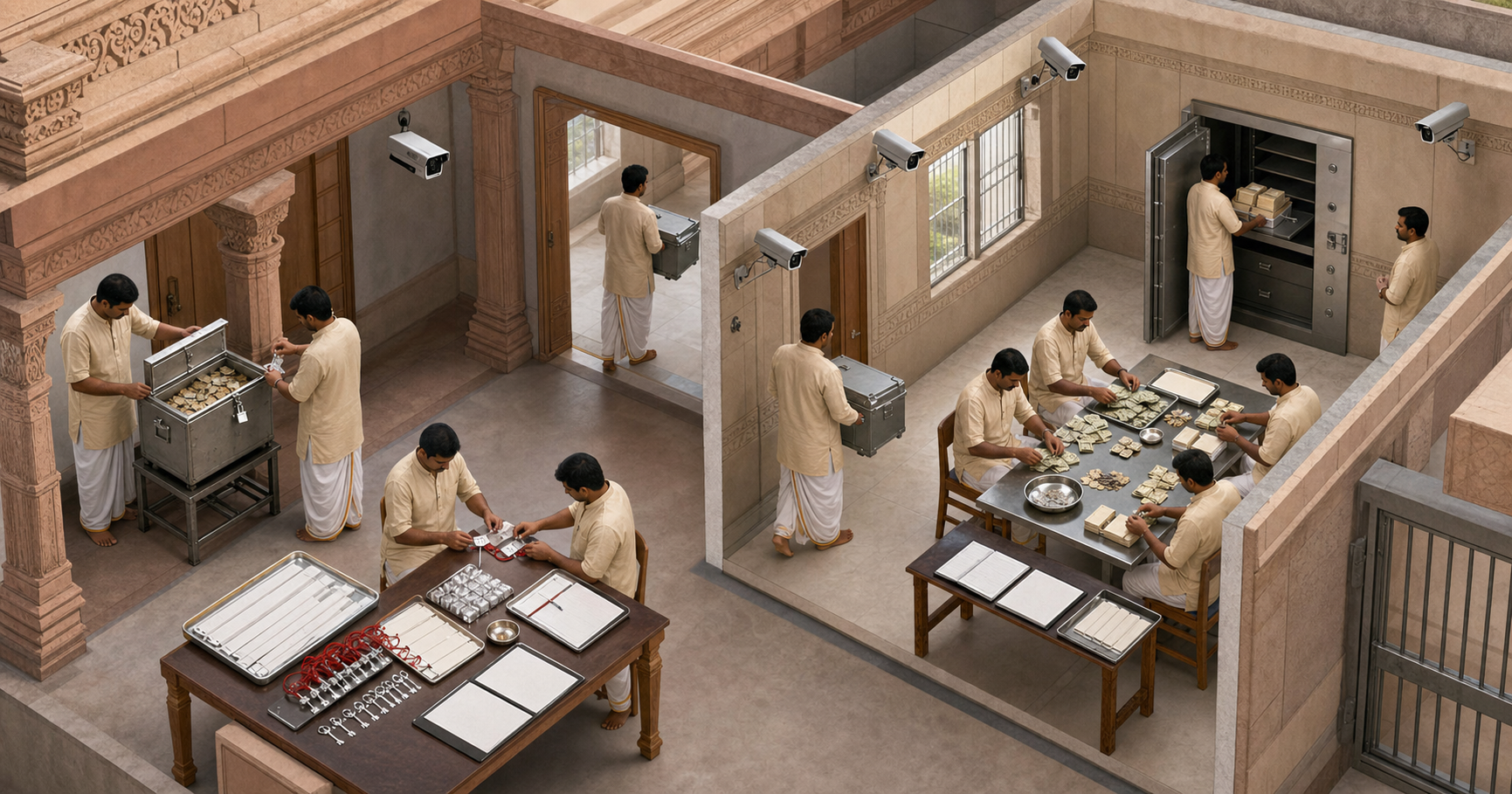 Temple attendants working in pairs move sealed donations through monitored collection, counting, recording, and secure storage stations.