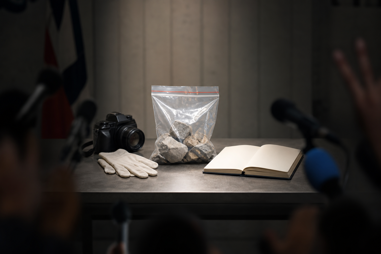 An evidence table with broken stone fragments, a camera, gloves and a blank notebook is framed by blurred microphones and raised hands.