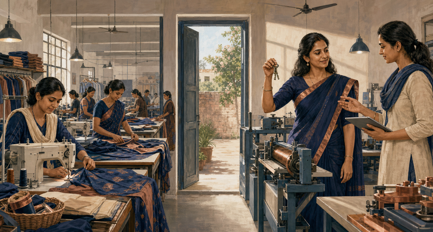 A split scene shows women working at production tables on one side and a woman business owner managing equipment and holding workshop keys on the other.