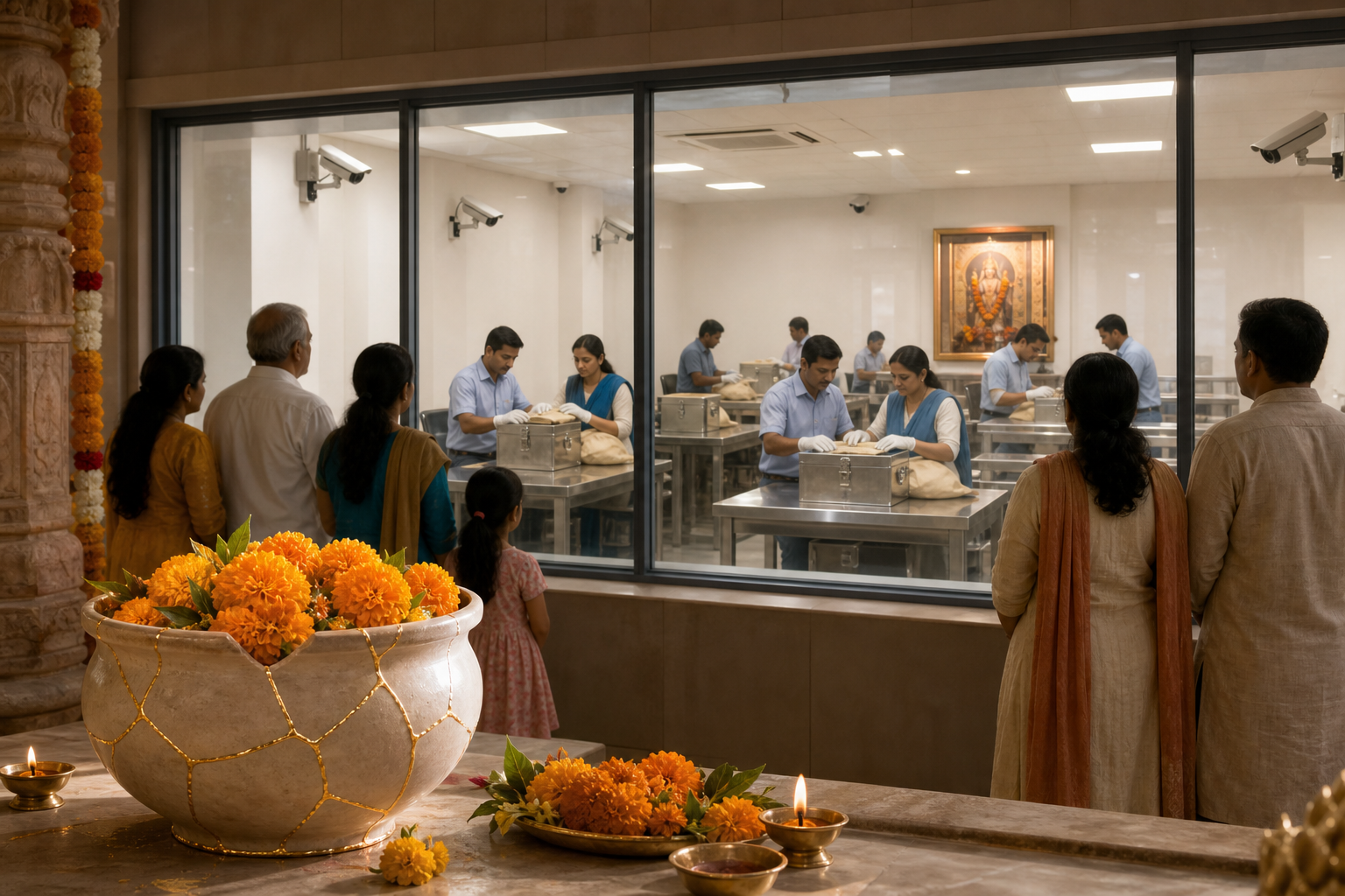 Devotees observe a transparent, monitored donation-counting room beside a repaired vessel holding marigold flowers.