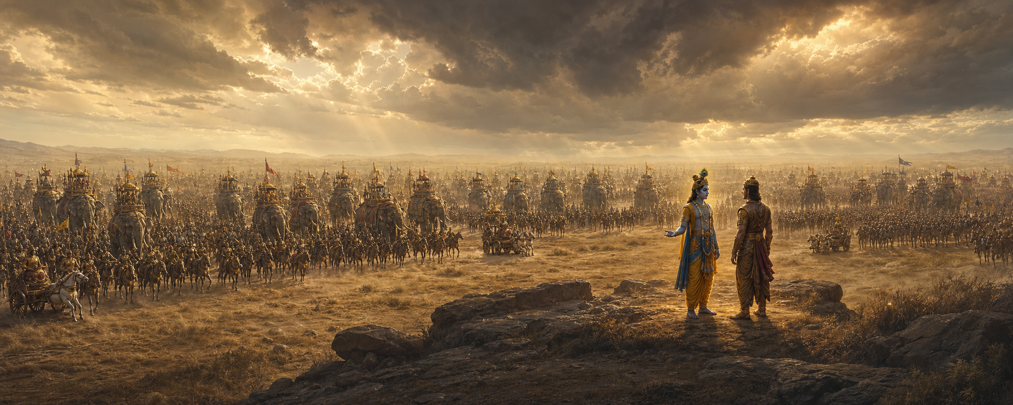 A vast ancient army faces the small, brightly lit figures of Arjuna and the unarmed Krishna.