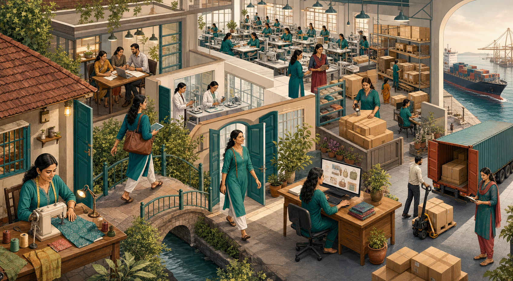 An isometric scene traces a woman-led business from a small workshop through finance and product testing to larger production, warehousing and distribution.