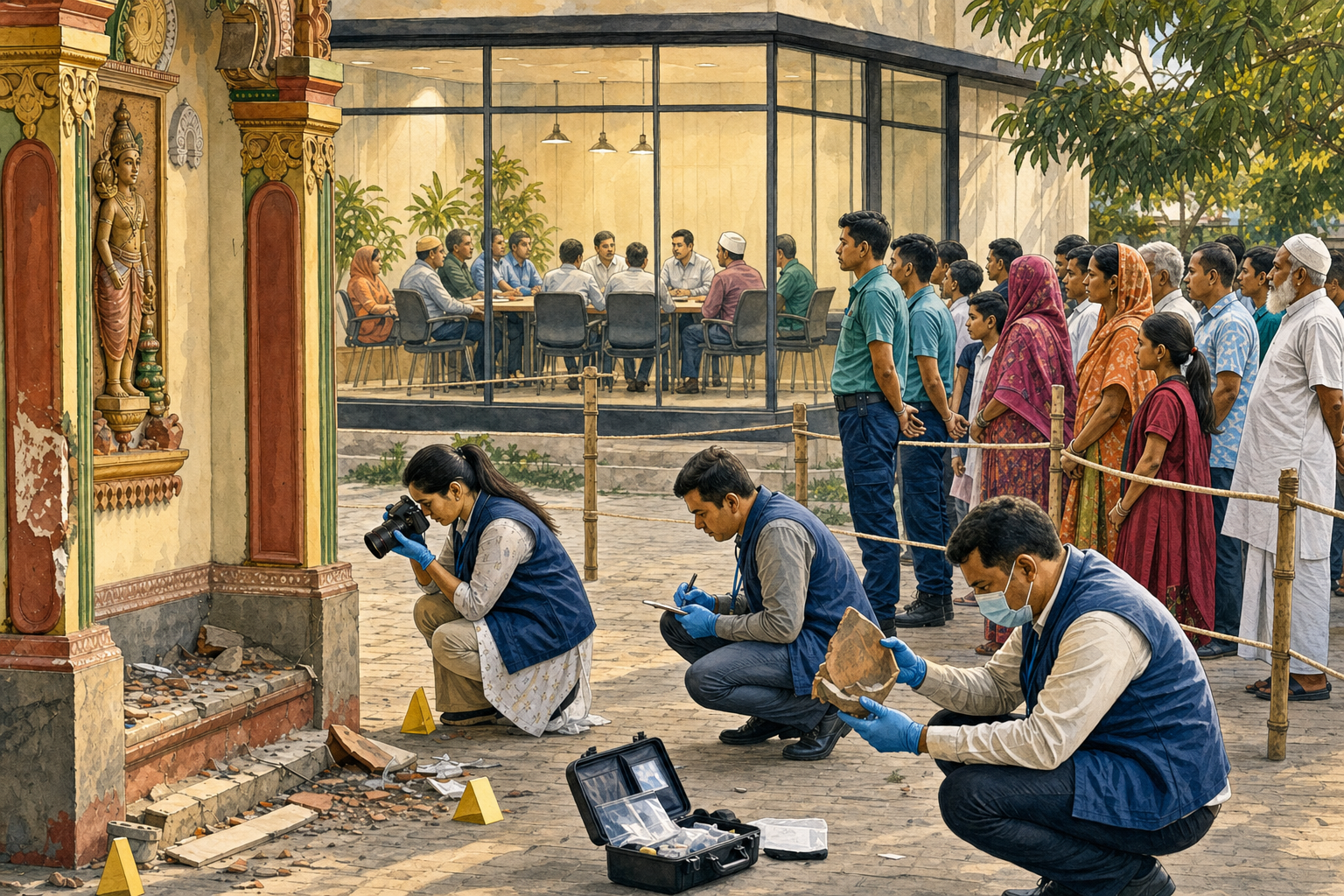 Investigators document damage near a temple as safety officers protect the area and community representatives meet in a transparent public room.