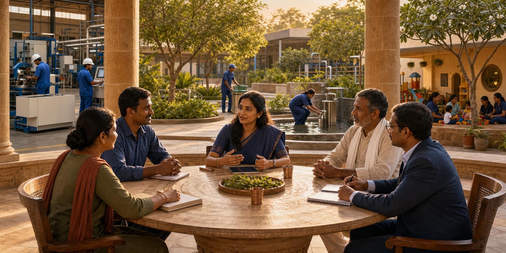 A woman entrepreneur meets with workers, a supplier, a community representative and an adviser in a courtyard surrounded by safe workplaces, trees and a childcare area.