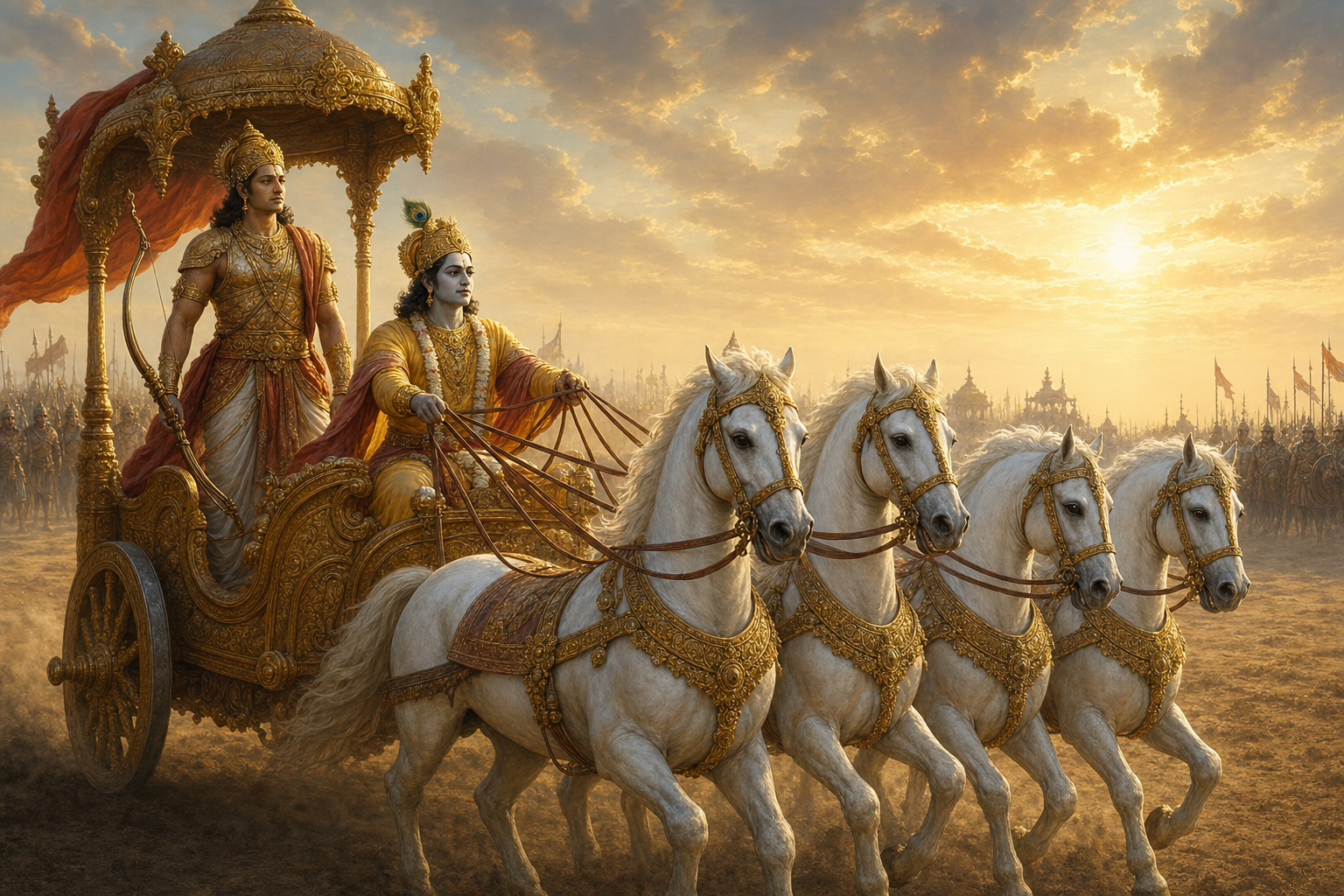 Krishna holds the reins of Arjuna's chariot between two armies while Arjuna listens with his bow lowered.
