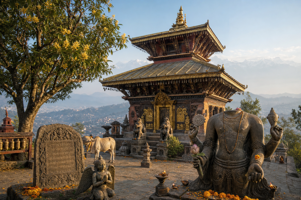 Changu Narayan Temple in Nepal with stone Vishnu icon, Garuda statue, Sanskrit inscription, cow, offerings, and Himalayan hills