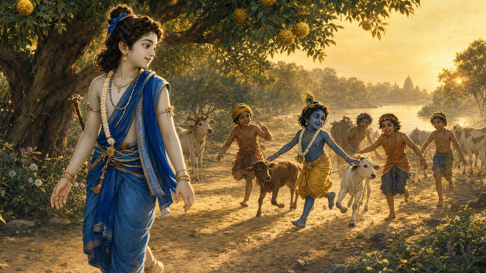 Balarama looks back toward Krishna as Krishna plays with cowherd friends and calves in a sunlit Braj landscape.