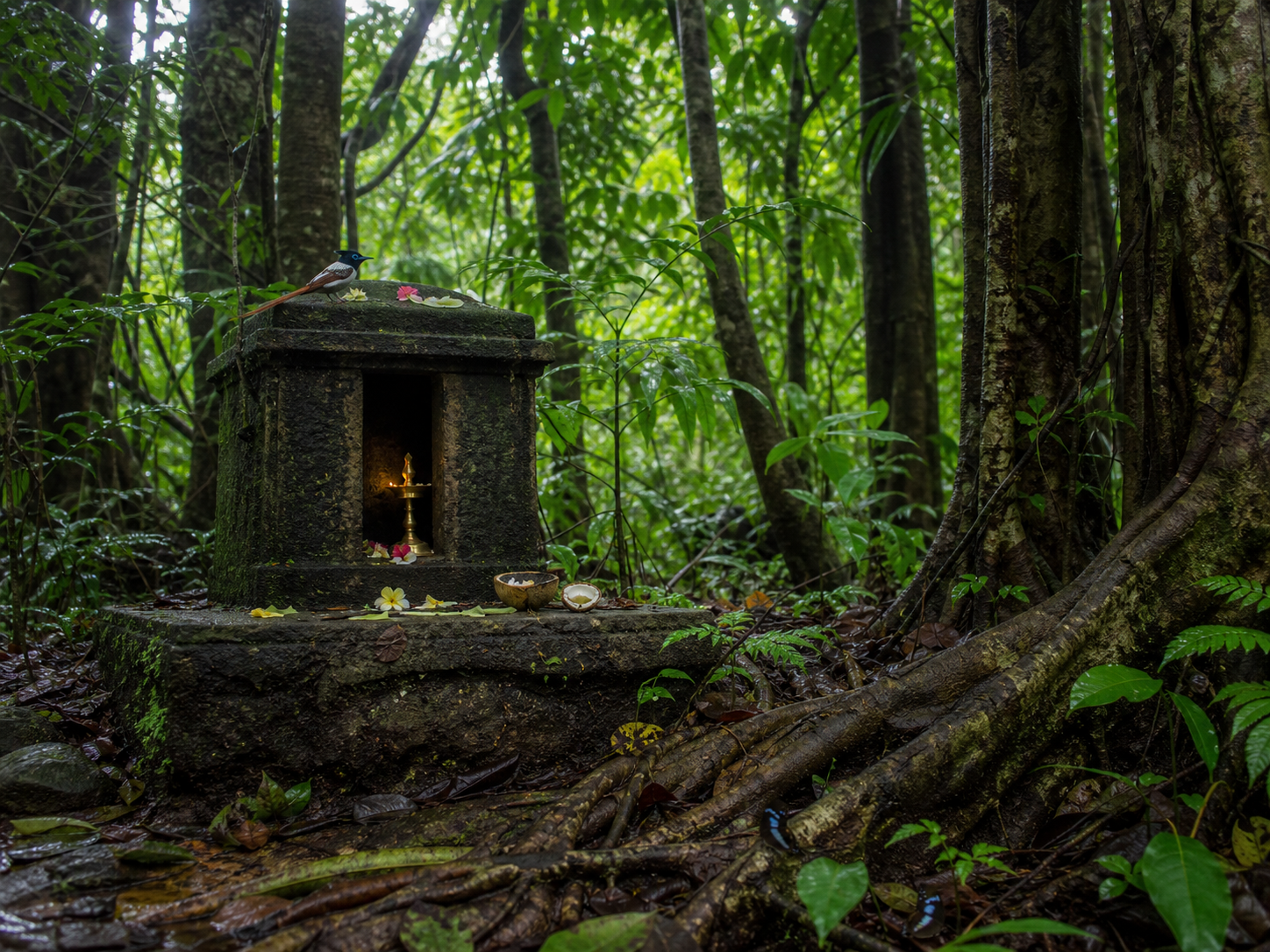 Ancient trees and native plants surround a small stone shrine with flowers and an oil lamp inside a Konkan sacred grove.