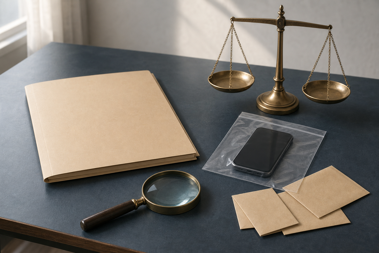An investigation desk with an unmarked case folder, magnifying glass, sealed phone, evidence envelopes, and a balanced scale.