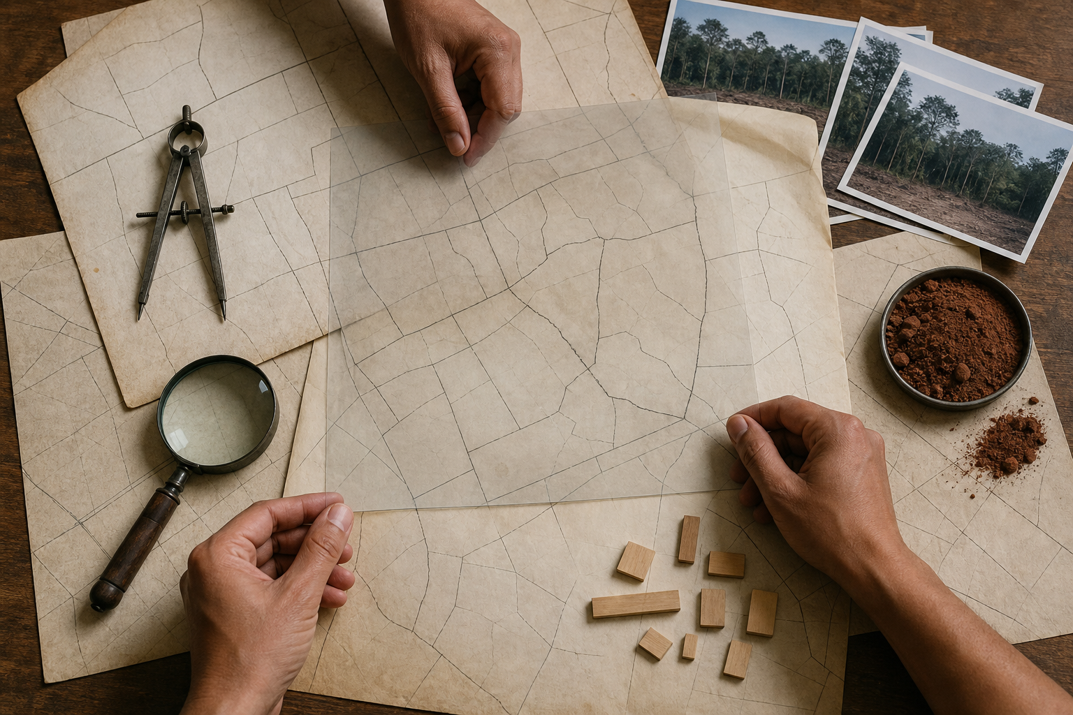 Hands compare layered parcel diagrams, grove photographs, a compass, and a laterite soil sample on an investigation table.