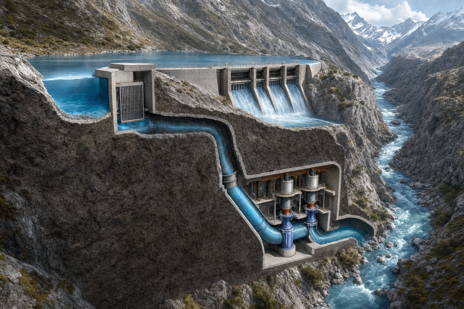 A cutaway view of a run-of-river hydropower project shows its dam, spillways, intake tunnel, turbines and downstream channel in a mountain gorge.