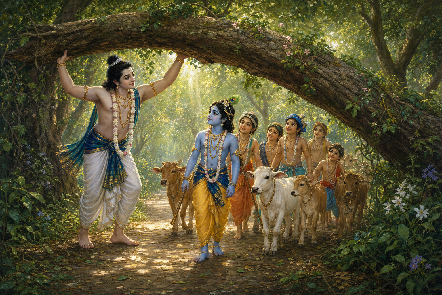 Balarama holds a fallen tree branch aside while Krishna, cowherd children, and calves pass along a forest path.