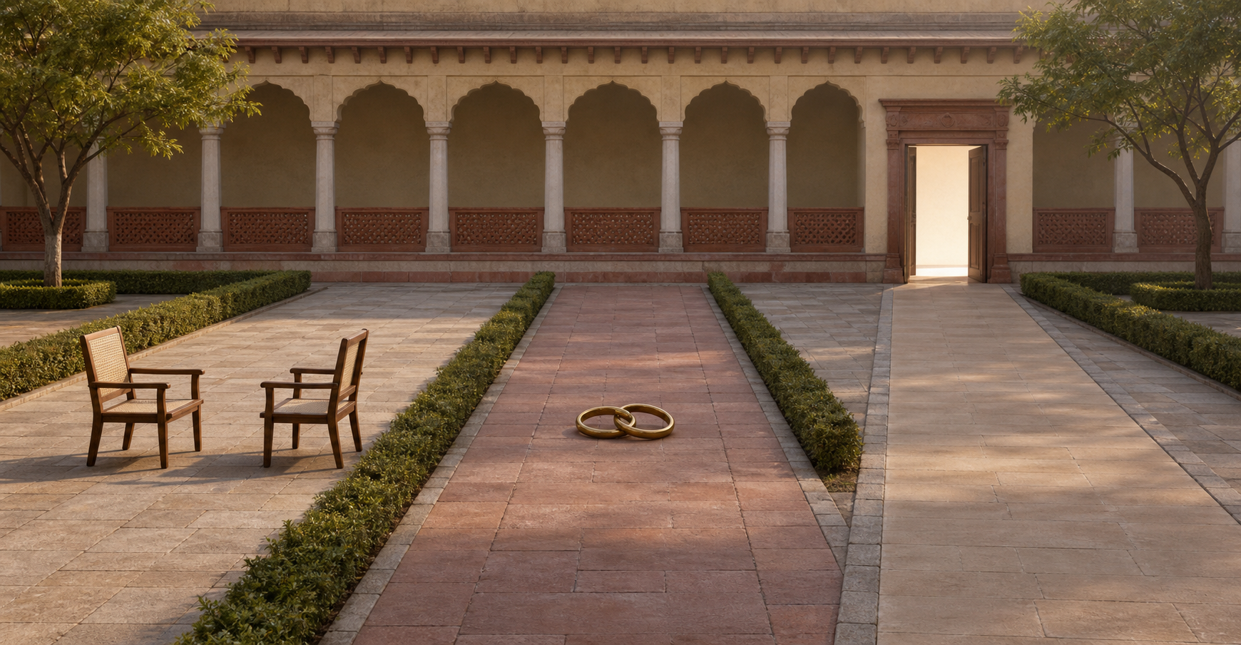 Three separate pathways lead toward two facing chairs, a pair of linked rings, and an illuminated open doorway.