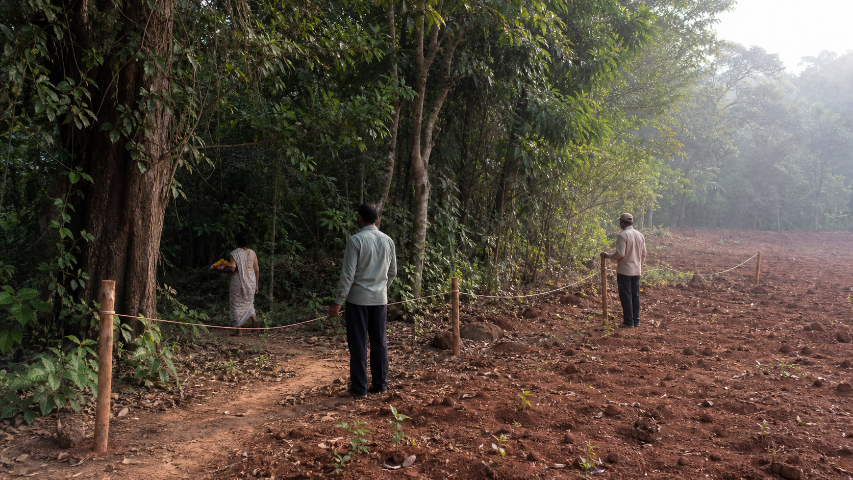 Temporary boundary posts protect the edge of a Konkan sacred grove while workers inspect it and a worshipper approaches by foot.
