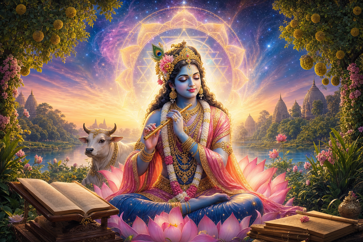 Gopala Sundari seated on a lotus with a flute, cow, riverbank, temples, and cosmic Sri Yantra halo.