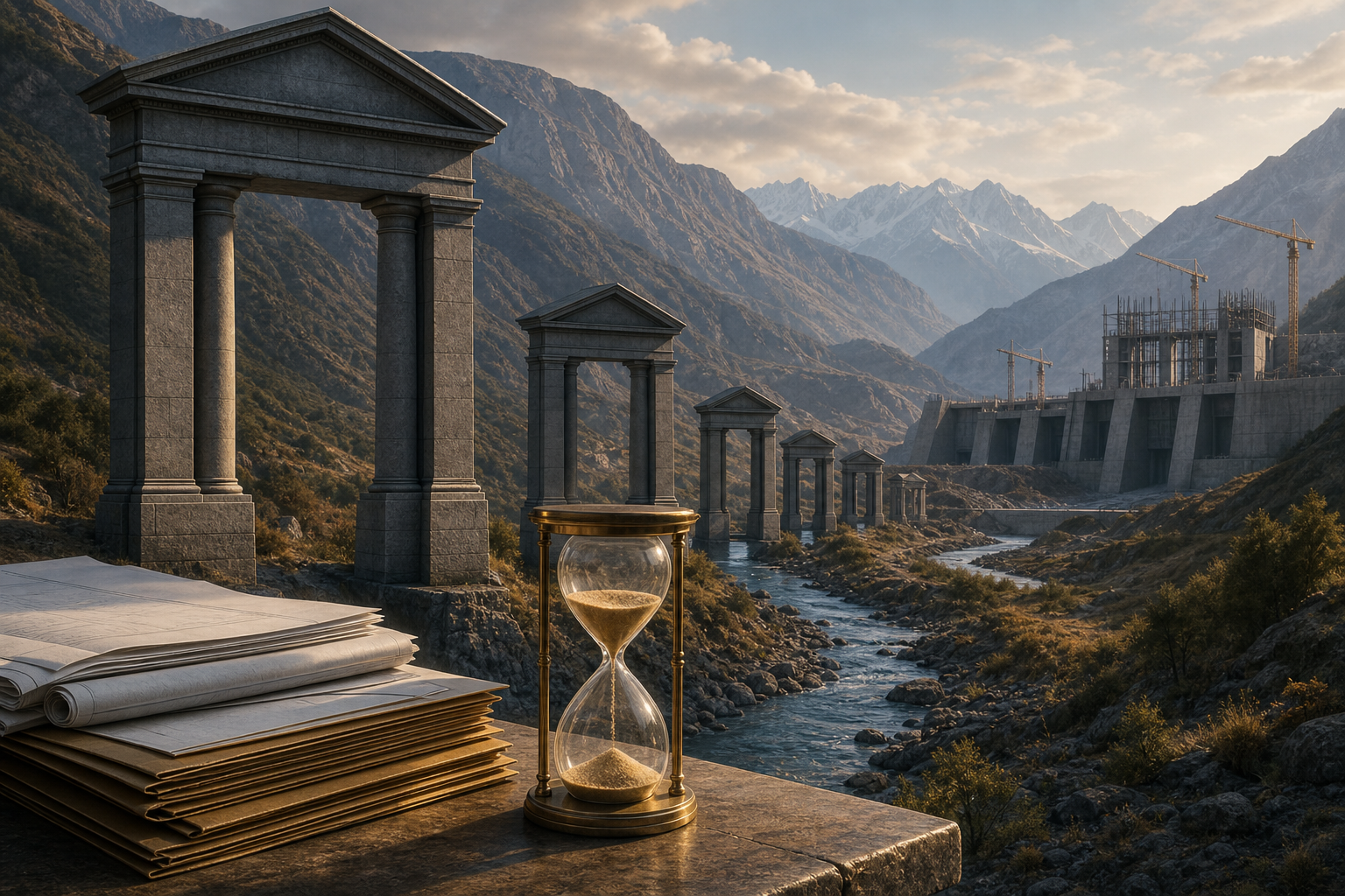 A mountain river and unfinished hydropower site are seen through a series of stone gateways, with document folders and an hourglass in the foreground.
