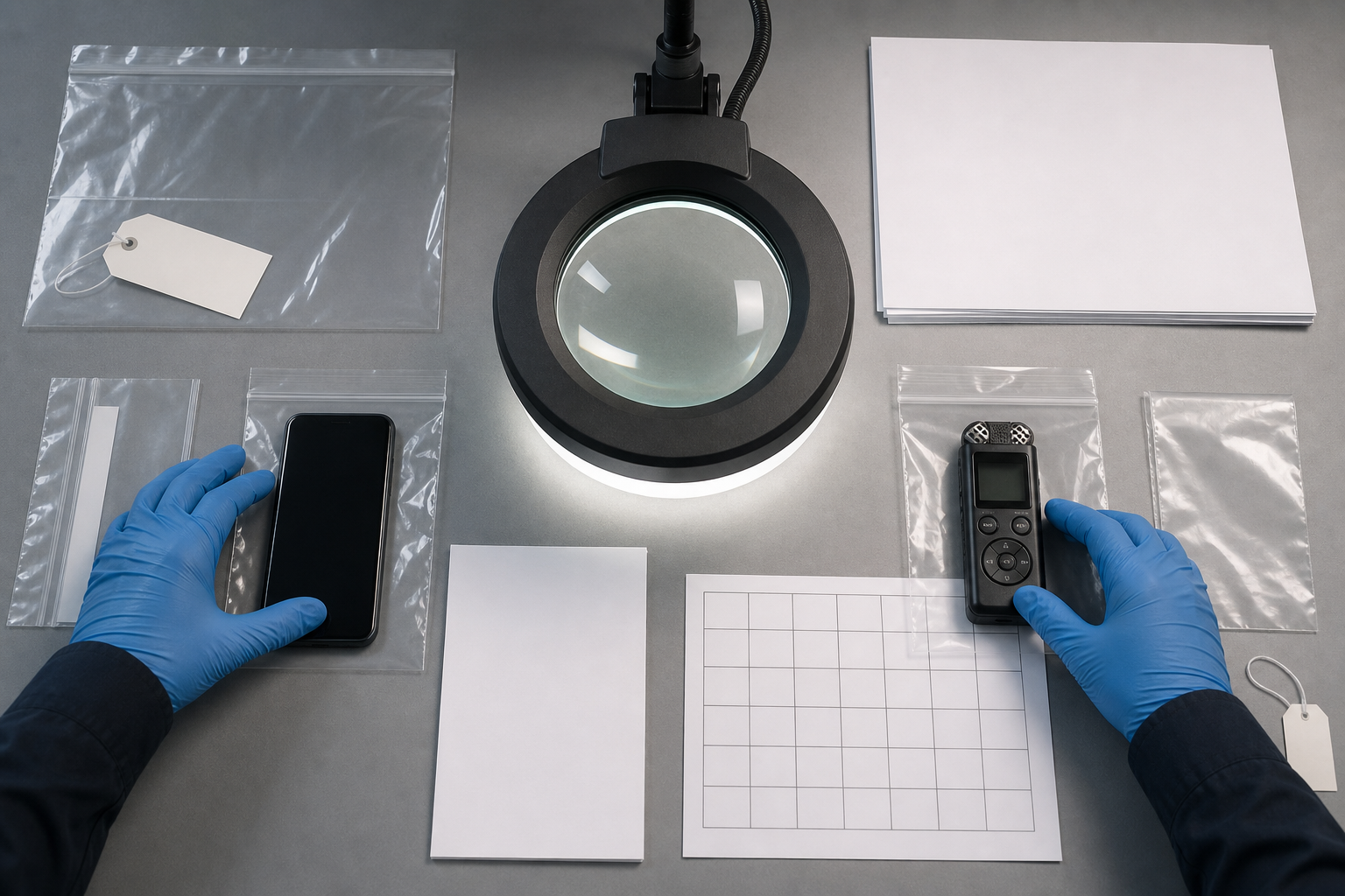 Gloved hands organize a sealed phone, blank papers, an audio recorder, an unlabeled calendar, and evidence bags beneath a magnifying lamp.