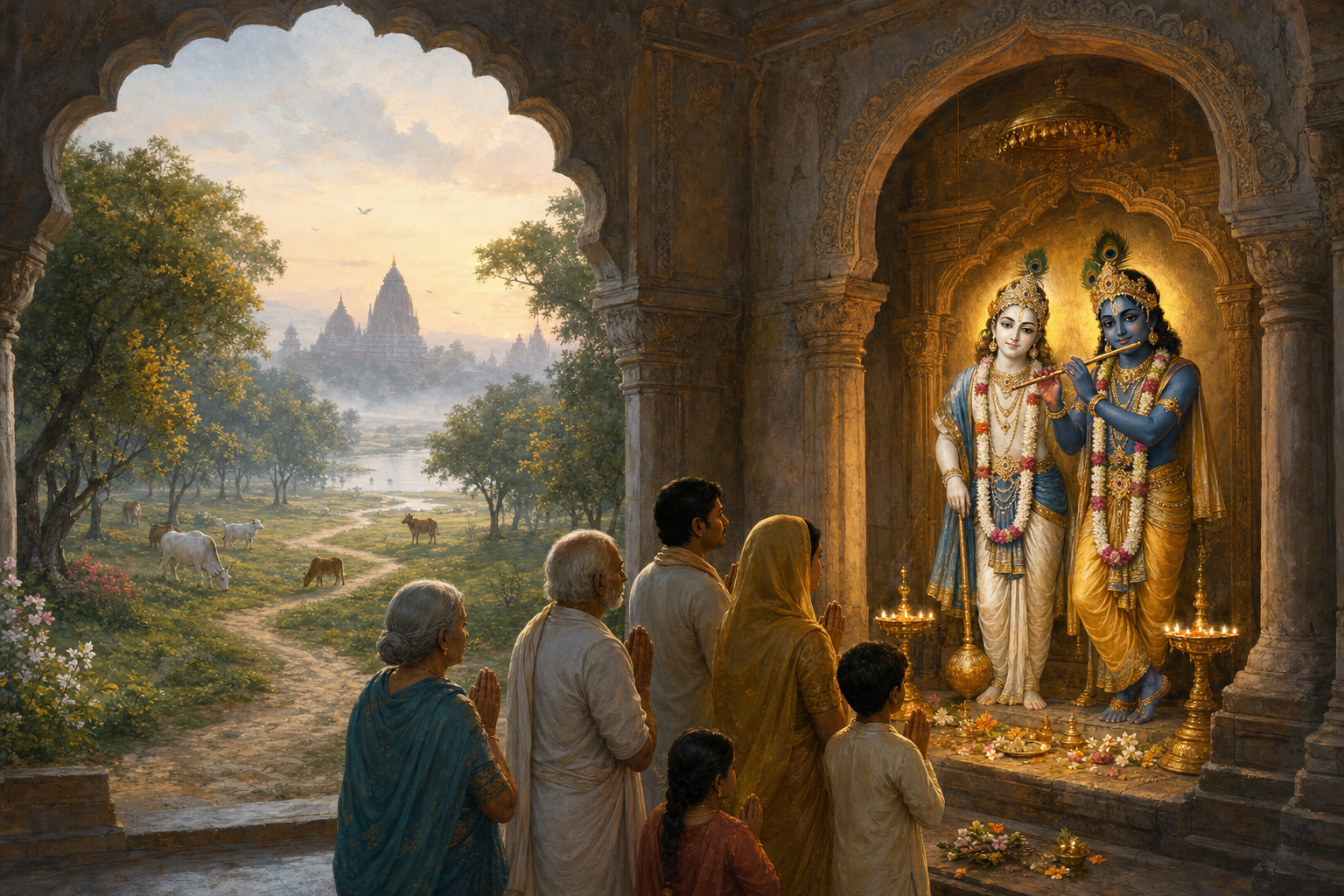 Pilgrims view Balarama and Krishna in a small shrine overlooking a tree-lined path and the Yamuna in Braj.