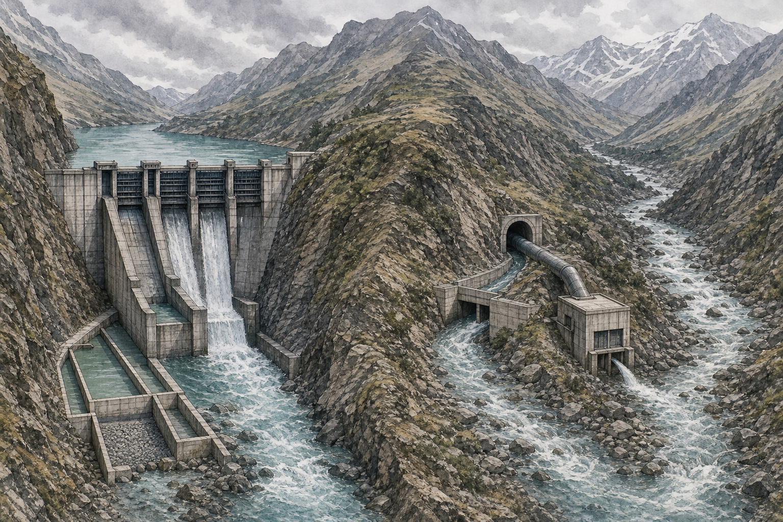 Two side-by-side Himalayan hydropower scenes show a gated dam in a gorge and a river diversion tunnel that leaves water in the original channel.