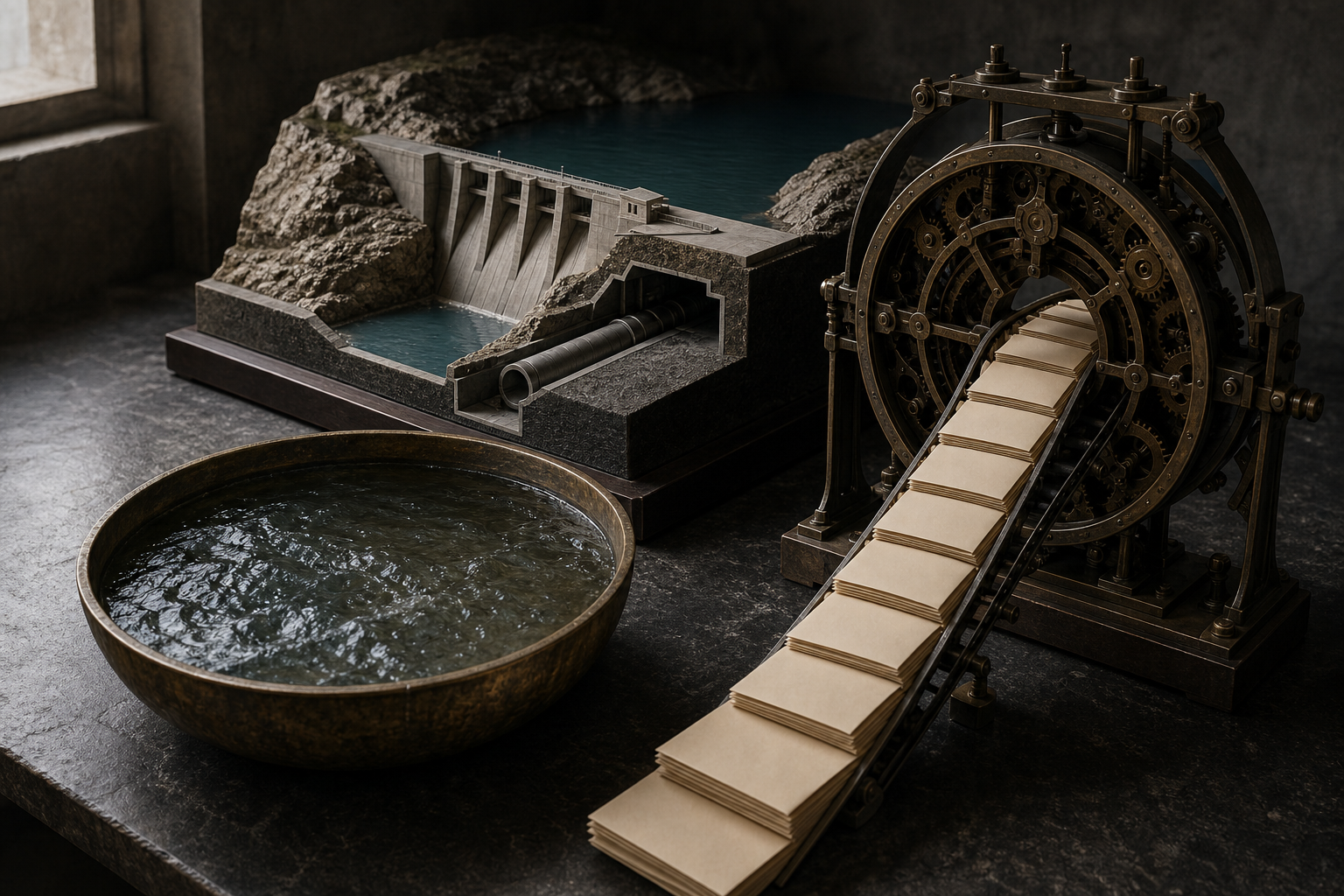 A basin of flowing water, a scale model of a hydropower project and blank case folders beside a clock are arranged on a stone table.