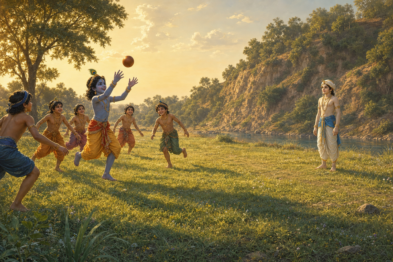 Balarama watches from the edge of a Braj meadow while Krishna plays a ball game with other cowherd children.
