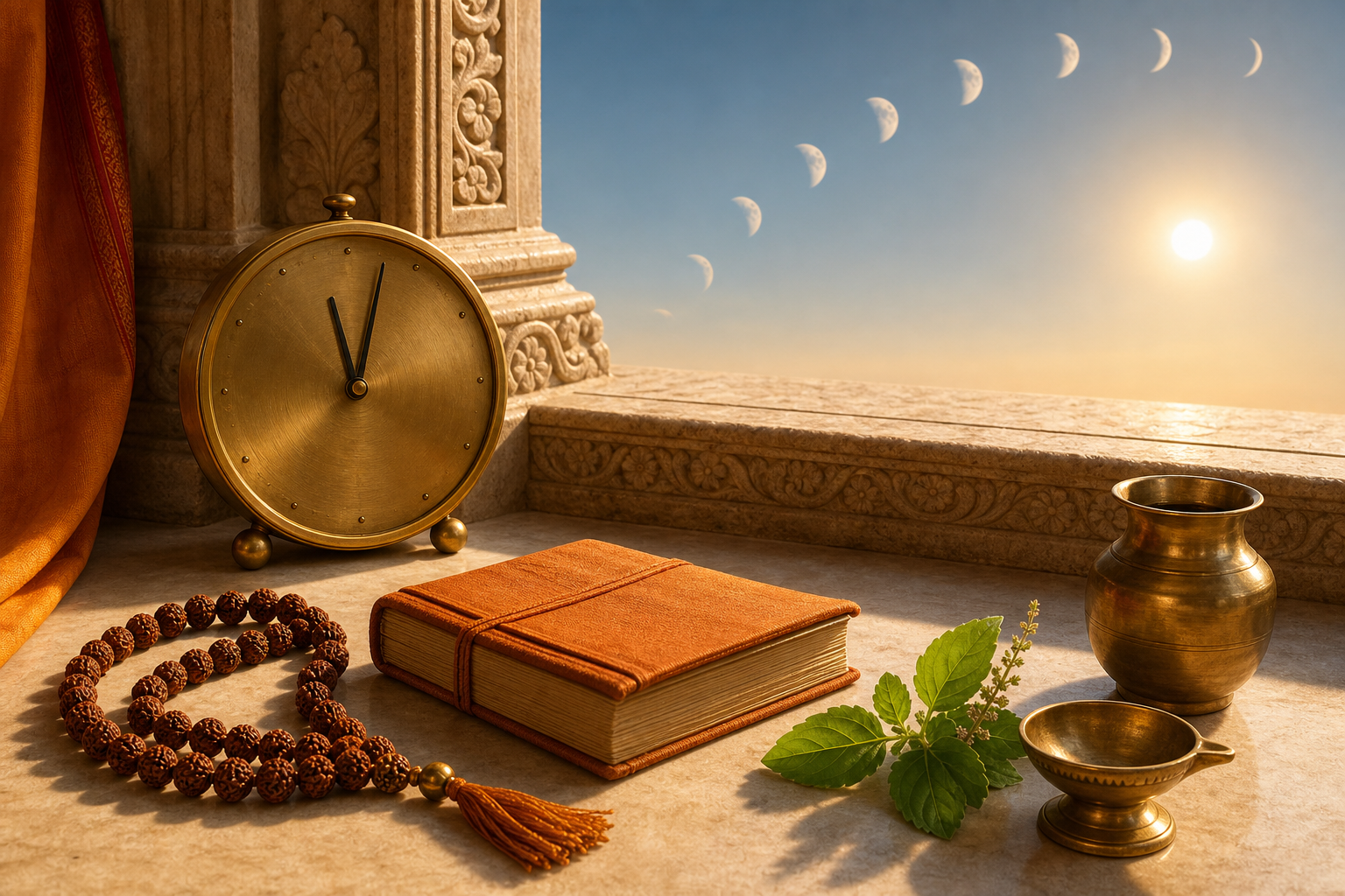 Brass clock near noon beside a Hindu almanac, rudraksha mala, tulsi leaves, diya and water vessel in sunlight.