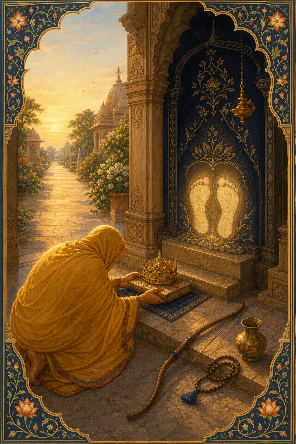 A kneeling devotee offers a crown and manuscript before luminous sacred footprints in a temple courtyard, with a bow, water vessel, and prayer beads nearby.