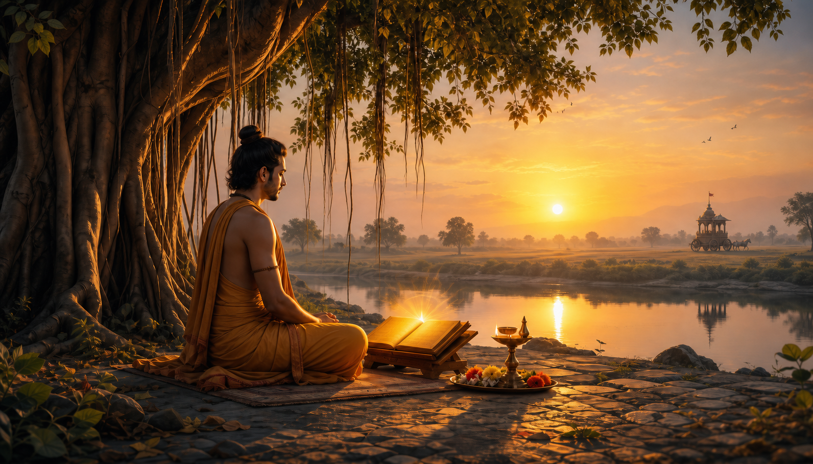 A seated practitioner beneath a banyan tree with a glowing manuscript, an oil lamp, flowers and a distant chariot at sunrise.