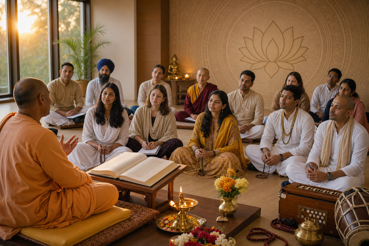 Vaishnava teacher leading a peaceful Bhakti Yoga study circle at sunset