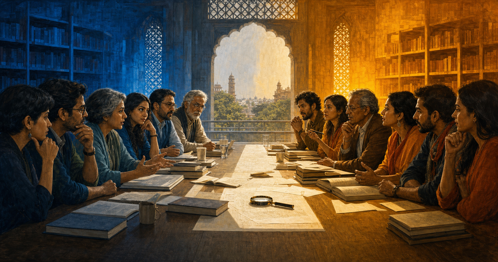 Two groups of Indian intellectuals and citizens face each other across a library table divided by cool and warm light, with books and a magnifying glass in the center.