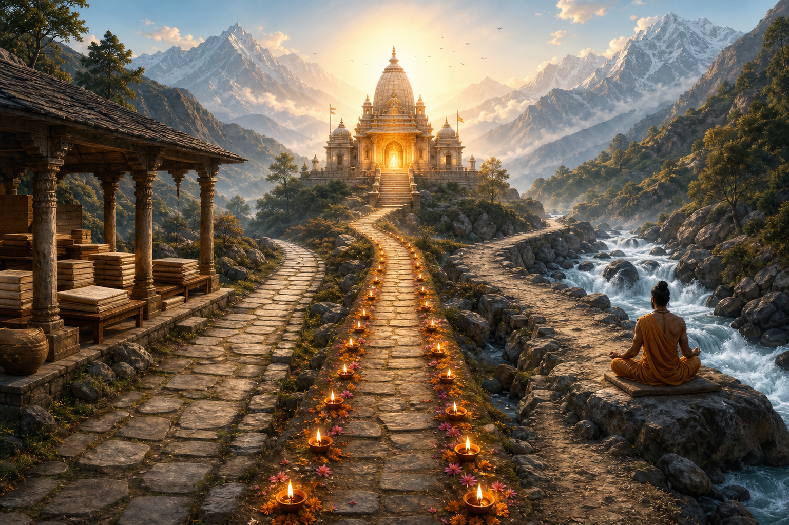 Three separate mountain paths pass a study pavilion, a meditator and oil lamps before converging at one glowing sanctuary.
