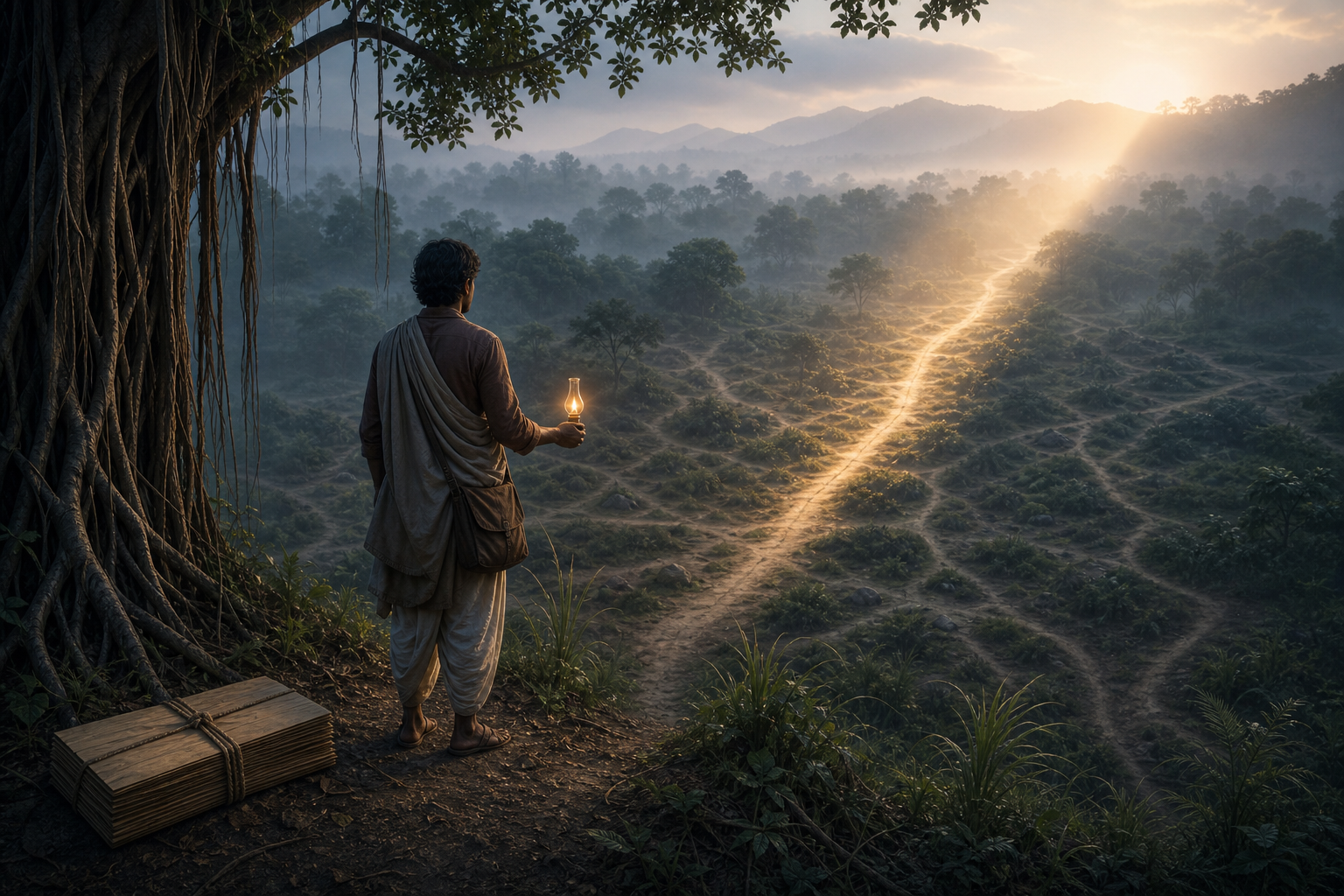 A traveller with a lamp sees one sunlit path through a misty forest while a bundle of manuscripts rests nearby.