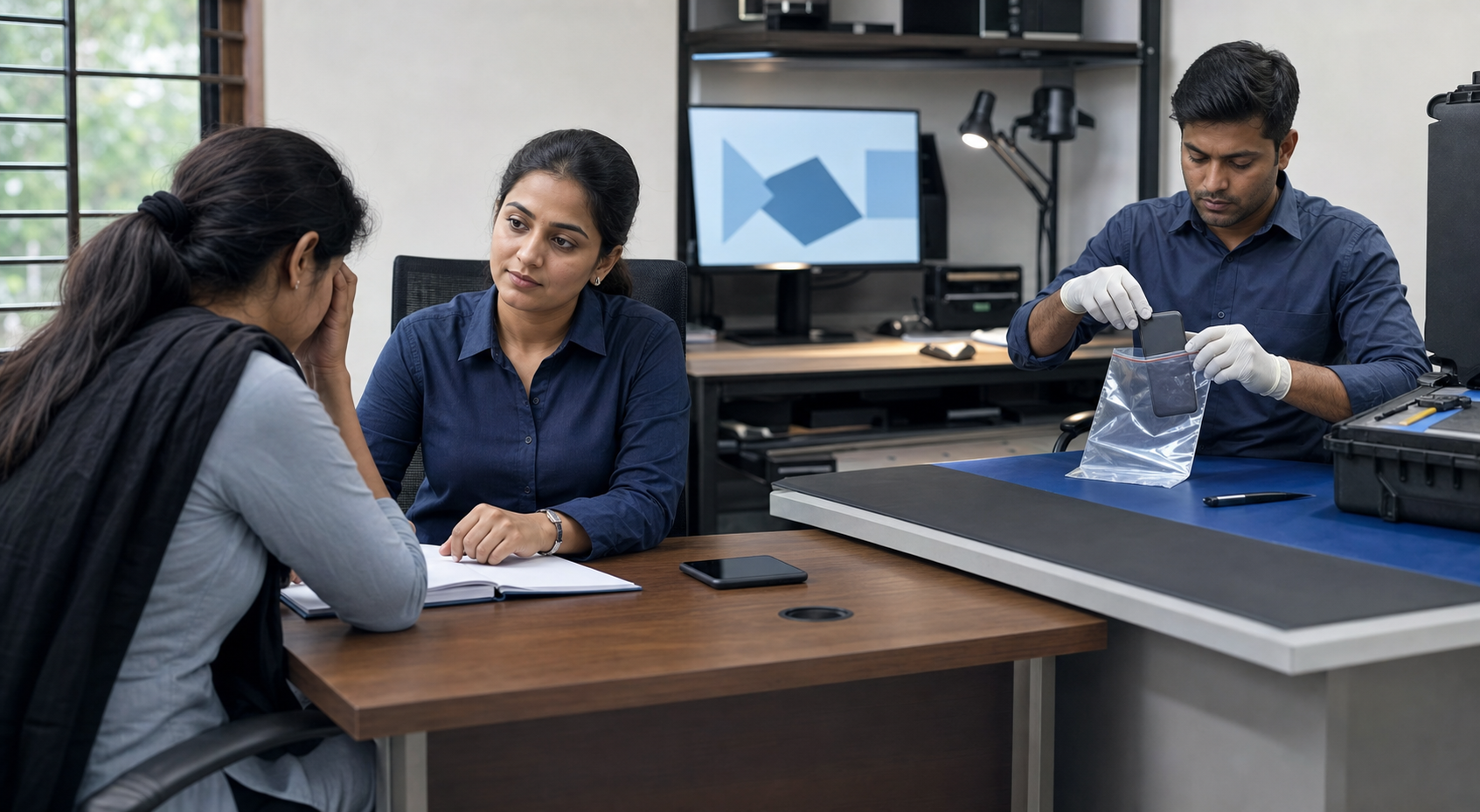 A police officer supports a distressed complainant while another officer preserves evidence from a smartphone at a cybercrime help desk.