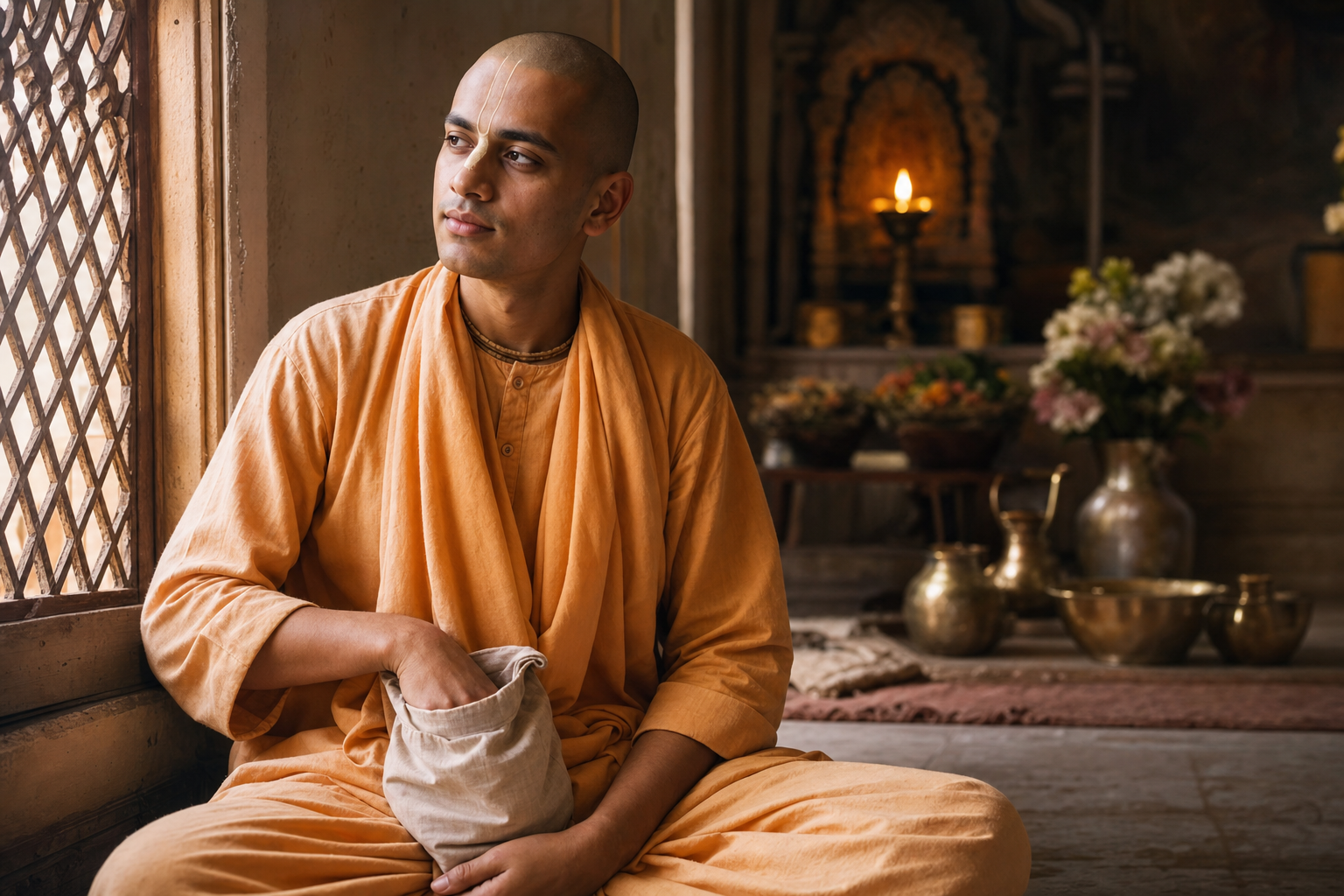 A seated practitioner chants with prayer beads near a window, with a shrine lamp, flowers, and serving vessels visible in the background.