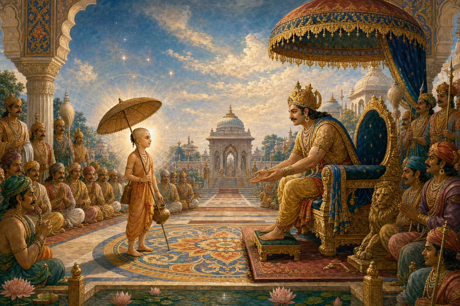 Vamana stands with a parasol and water pot before King Bali, who leans forward from a ceremonial seat to receive him.