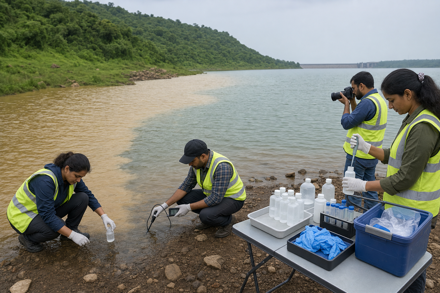 A field team collects and documents water samples where a murky tributary enters a reservoir.