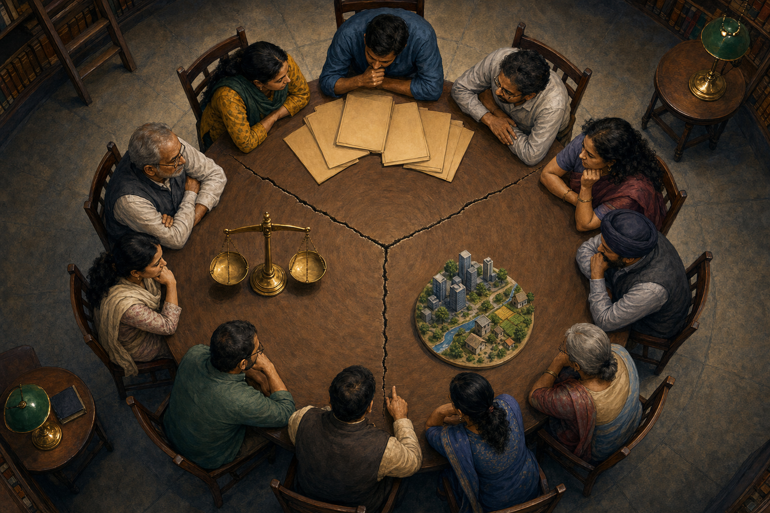 An overhead view of Indian adults around a circular table divided by three cracks, with papers, scales, and models representing different bases for political judgment.