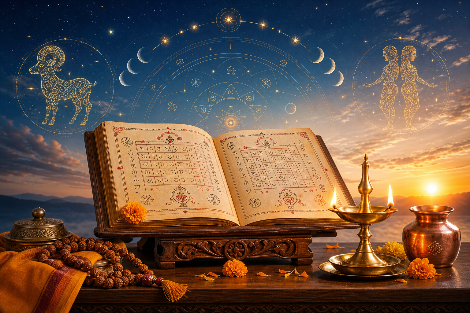 Open Hindu Panchang calendar with brass diya, rudraksha mala, marigolds, and celestial zodiac chart at sunrise.