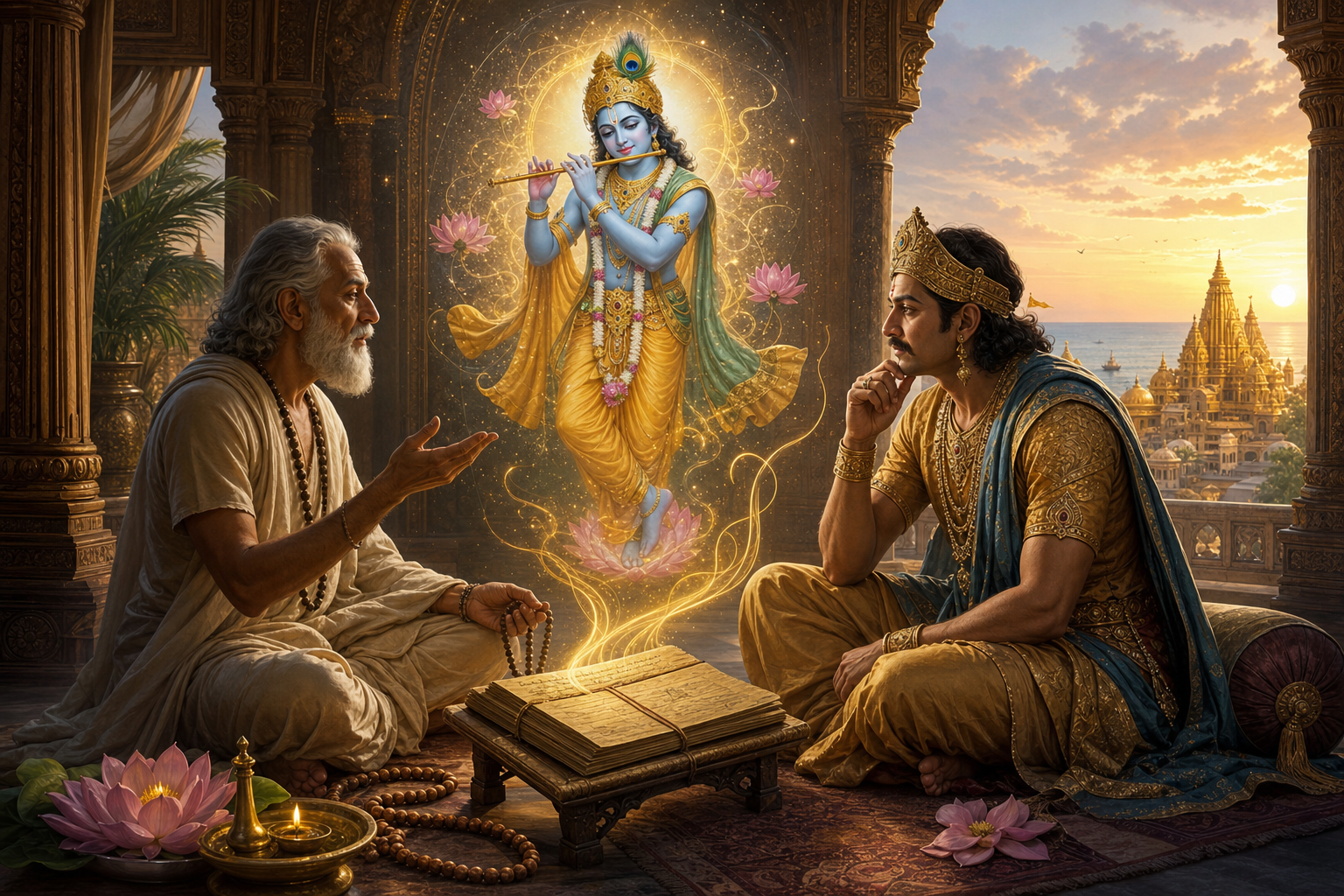 Elderly sage and noble king contemplate a luminous vision of Lord Krishna in an ancient palace chamber.