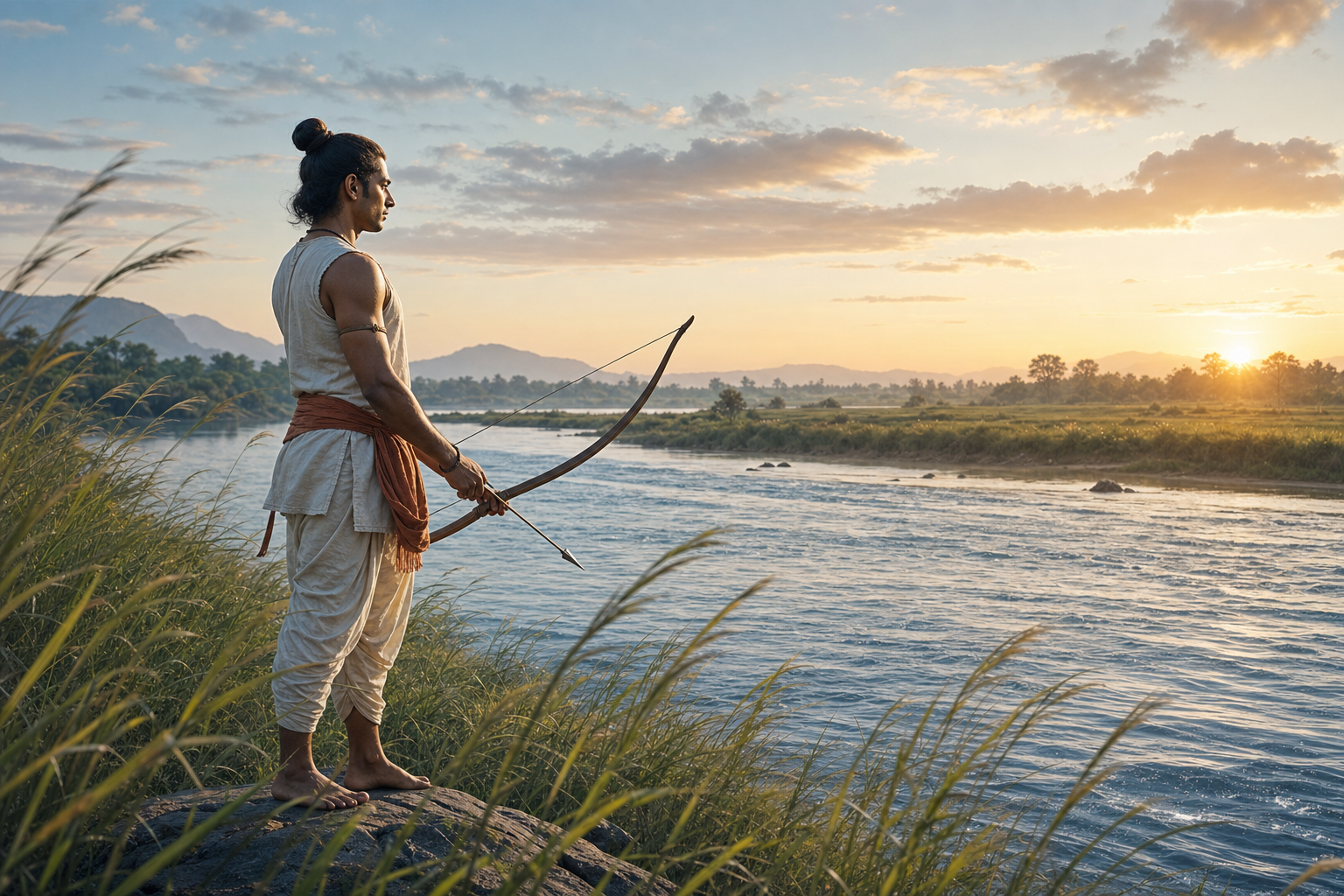 A poised archer pauses to breathe on a windy riverbank before releasing an arrow.