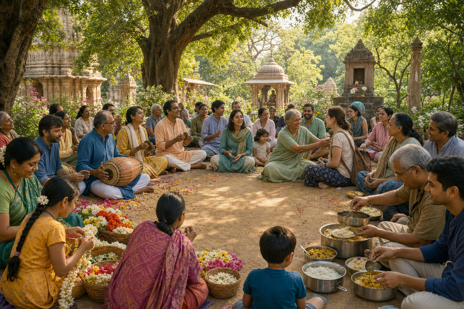 Children, adults, and elders sing, listen, make garlands, serve meals, and welcome a newcomer in a shaded temple garden.