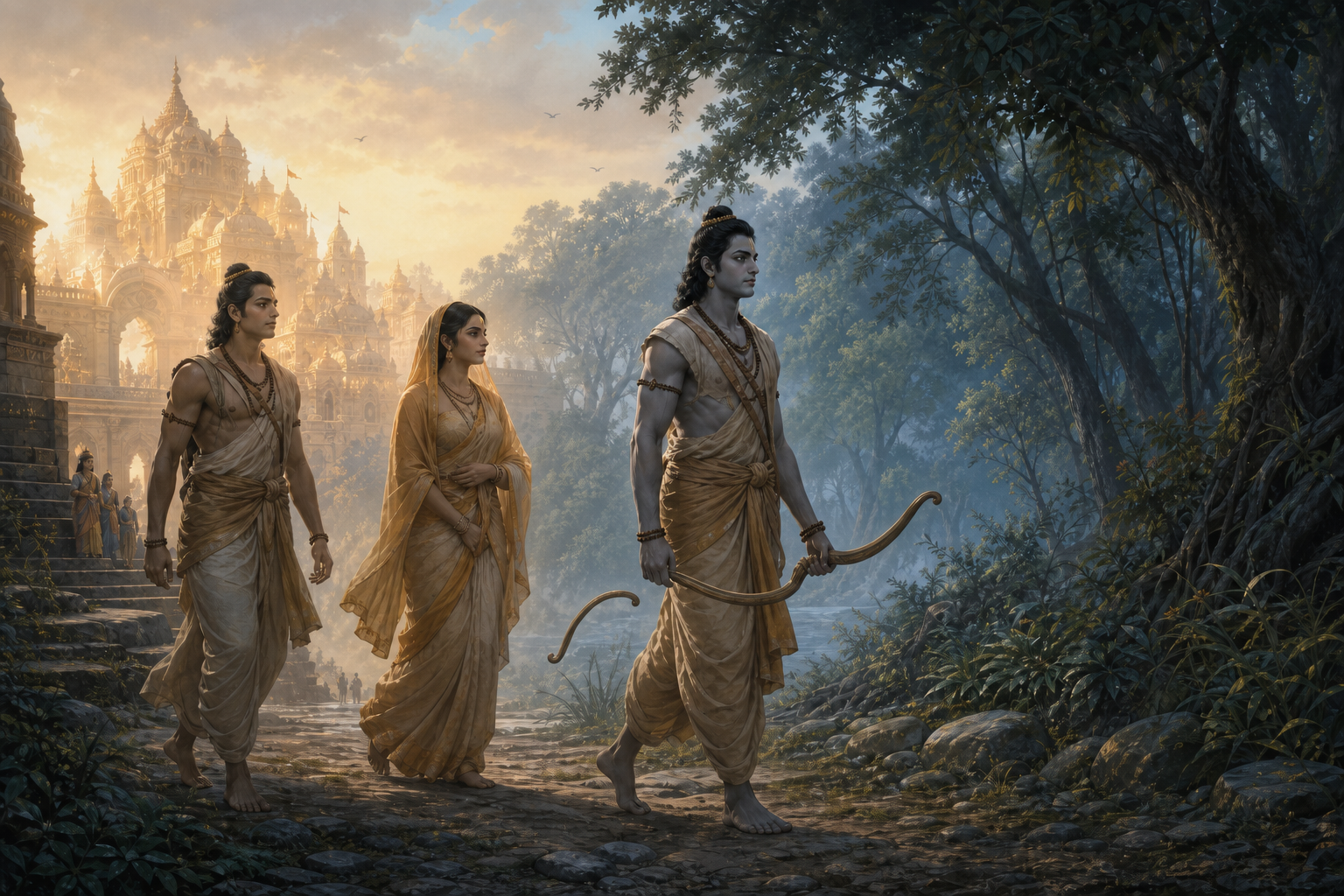Rama, Sita, and Lakshmana walk from a distant palace toward a forest, with Rama carrying an unstrung bow.