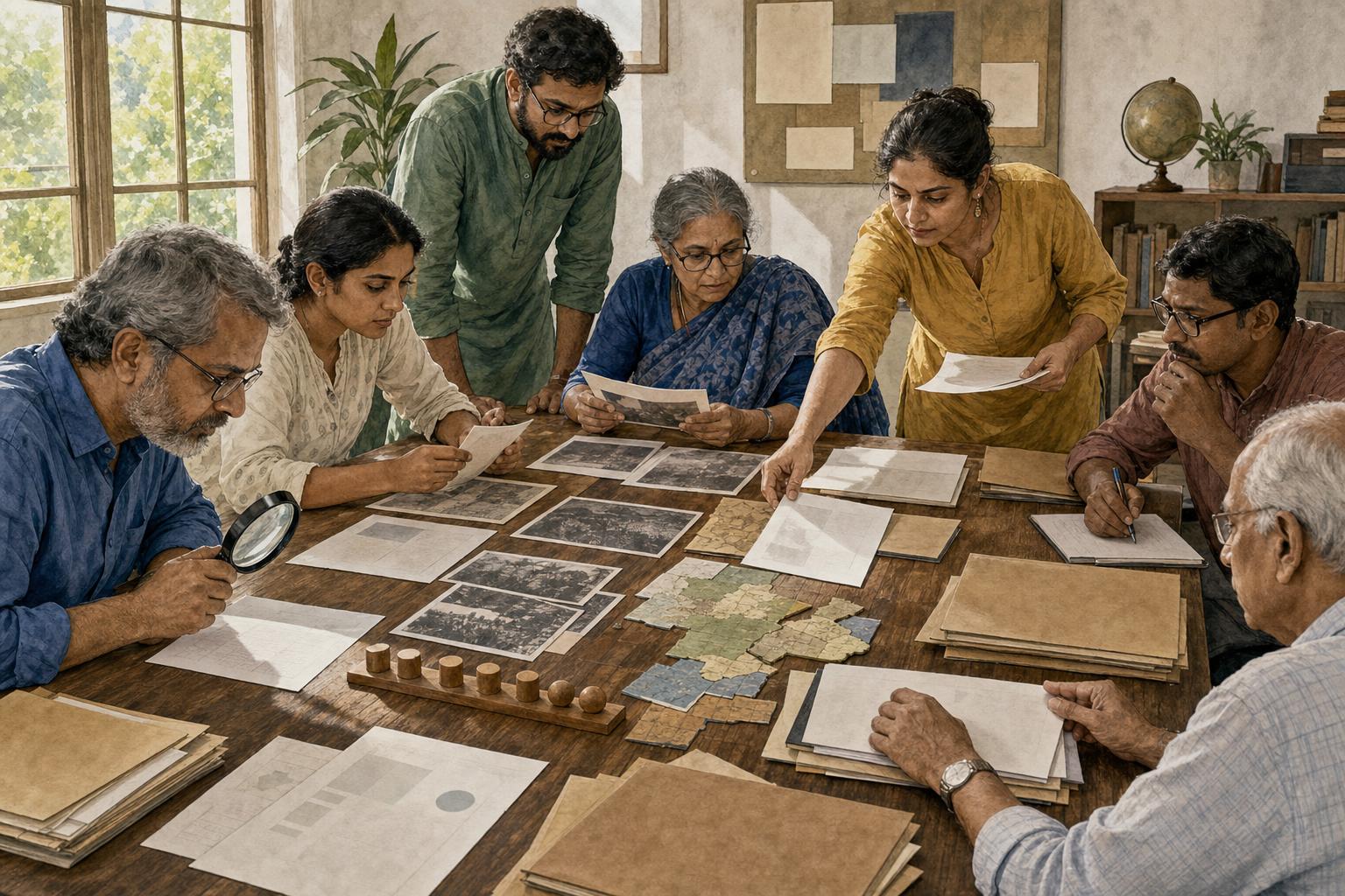 Indian researchers and citizens examine unmarked documents, photographs, map pieces, and other evidence around a wooden table.