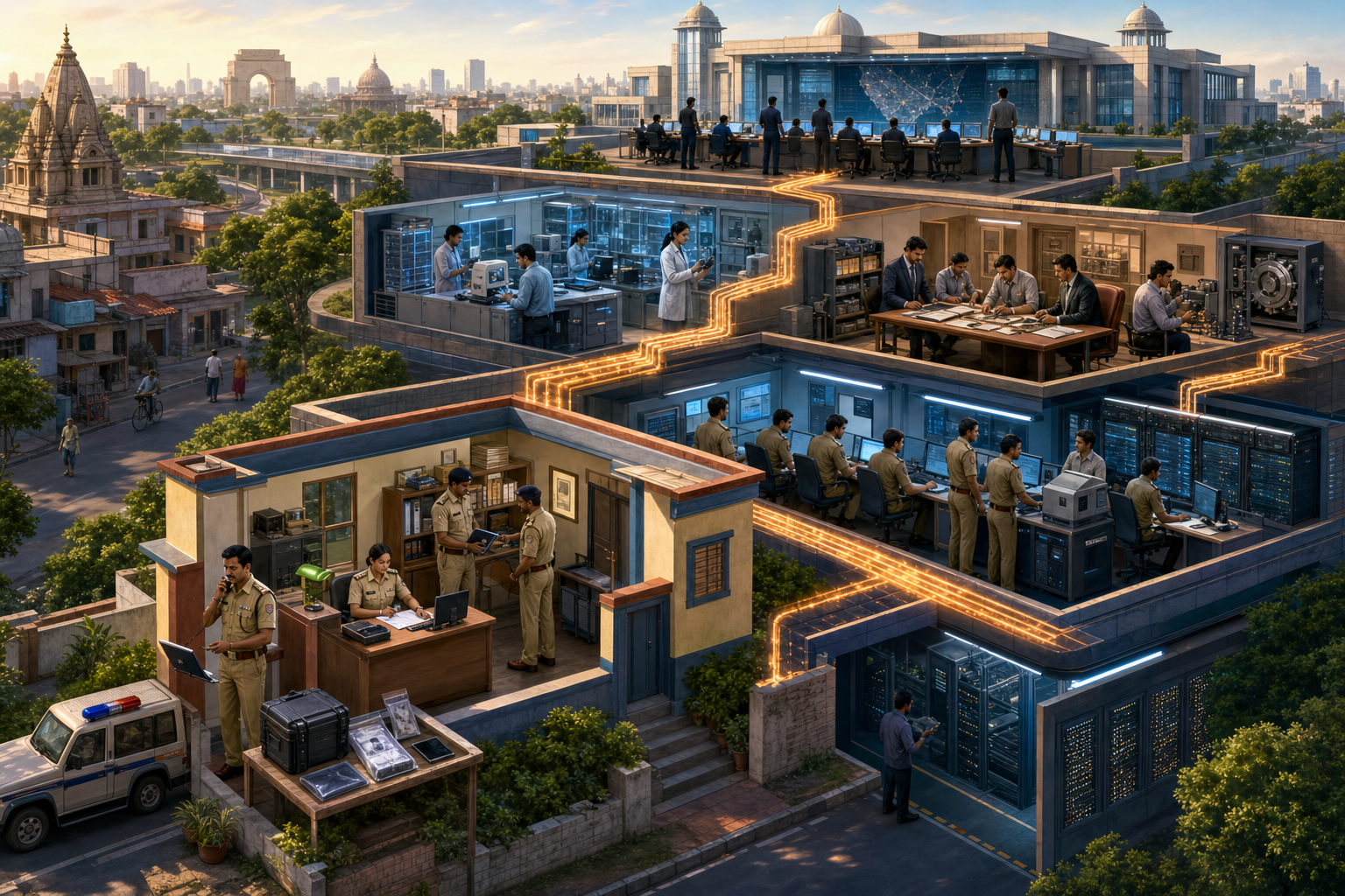 A local police station is visually connected to district cyber specialists, a digital-forensics laboratory and wider investigative teams.