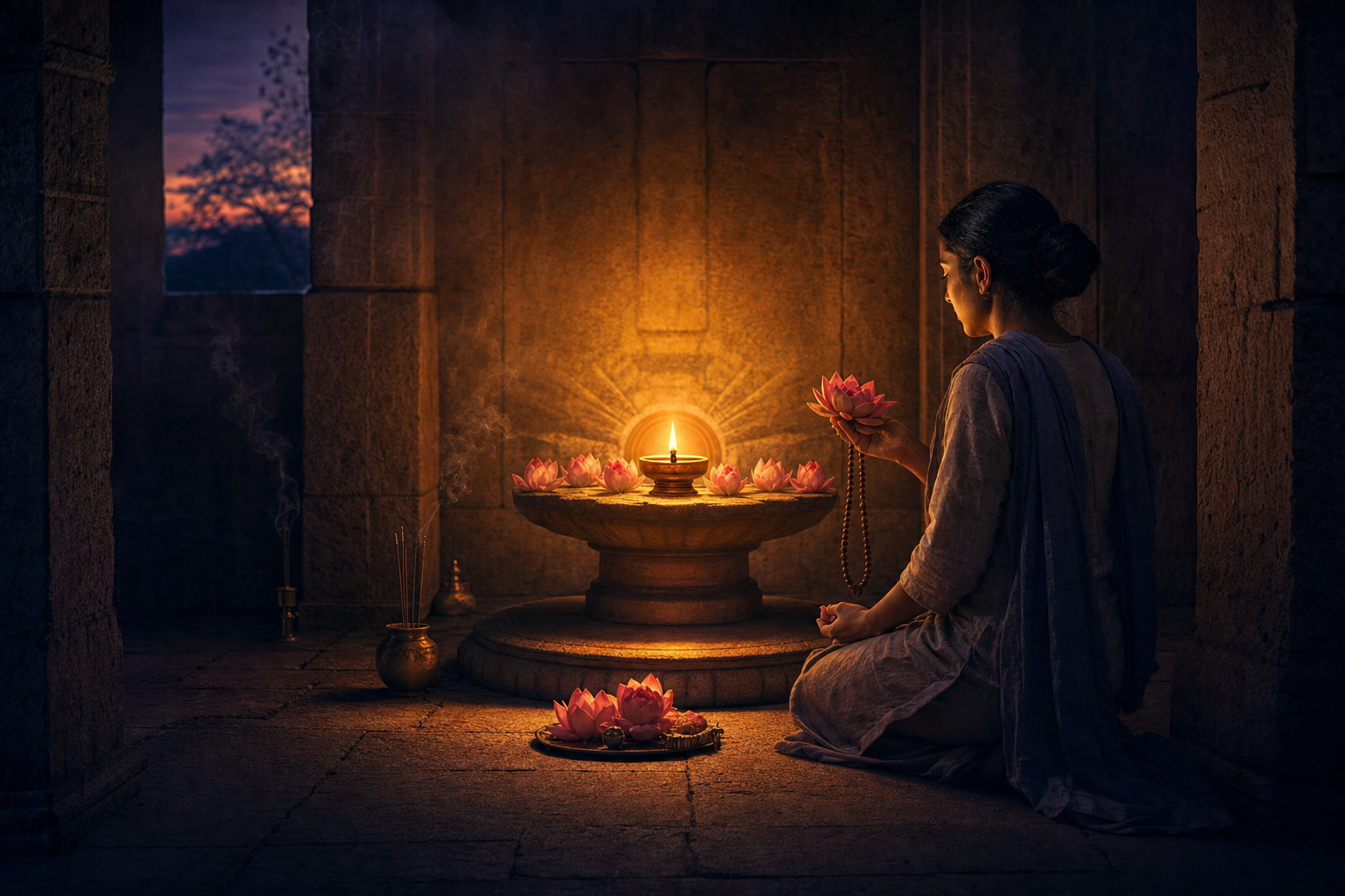 A kneeling practitioner holds prayer beads before a lamp and lotus flowers in a softly lit stone shrine.