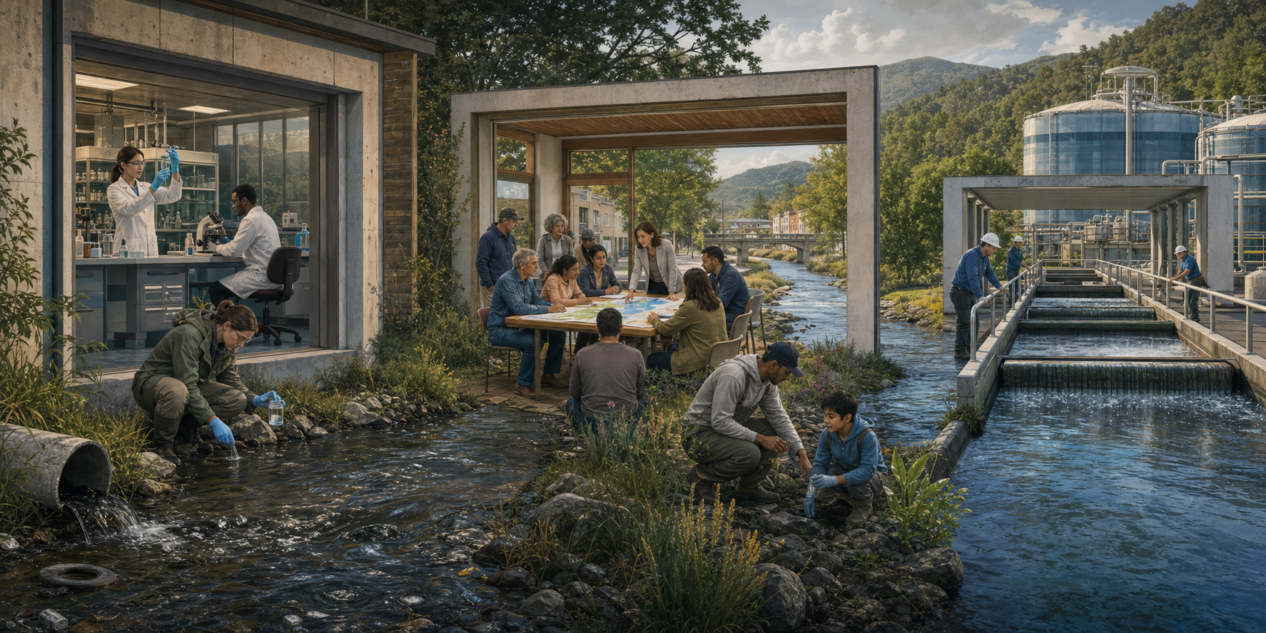 A conceptual scene links a laboratory, civic office, treatment plant and local residents along the same polluted river.